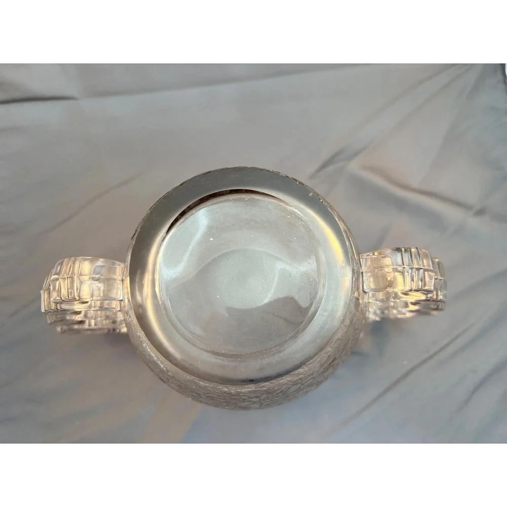 Vintage Clear Frosted Ice Crackle Glass Vase Scrolled Handles Art Deco 7in